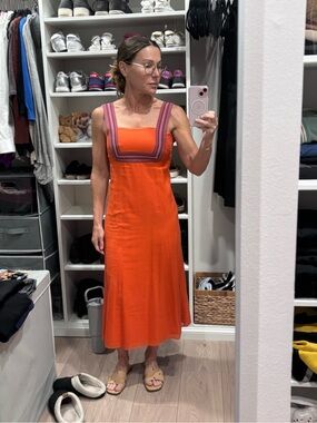 Tory Burch Bright Orange Midi Dress with Embroidered Square Neck